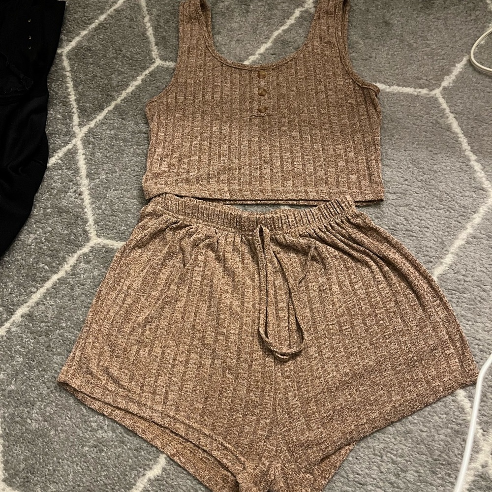 Brown Ribbed Tank and Shorts Set